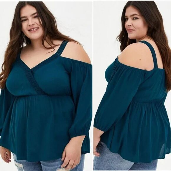 Torrid Teal Gauze Lace Trim Long Sleeve Cold Shoulder Peplum Blouse 2X NWT - Picture 1 of 15